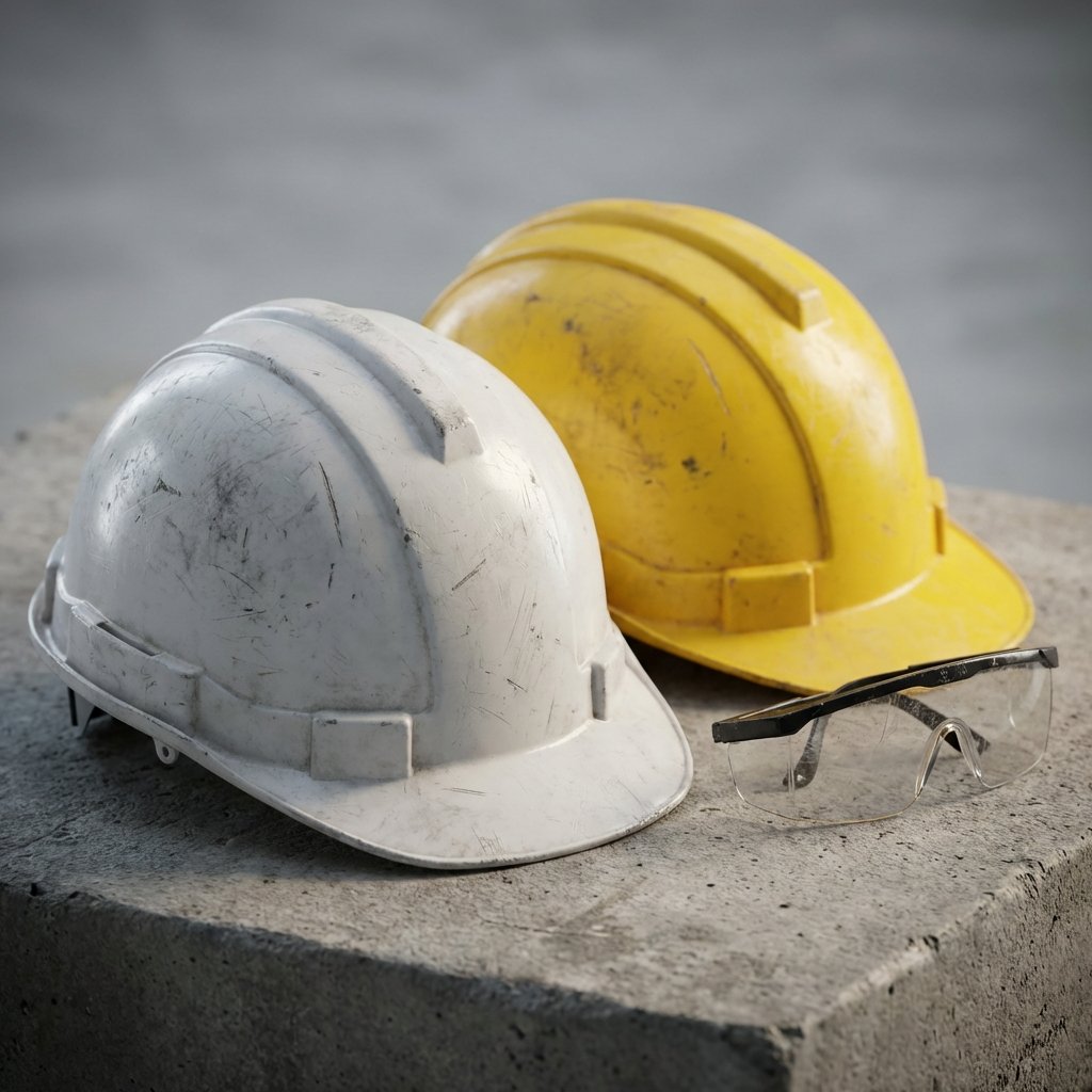 Casques de chantier blanc et jaune sur béton