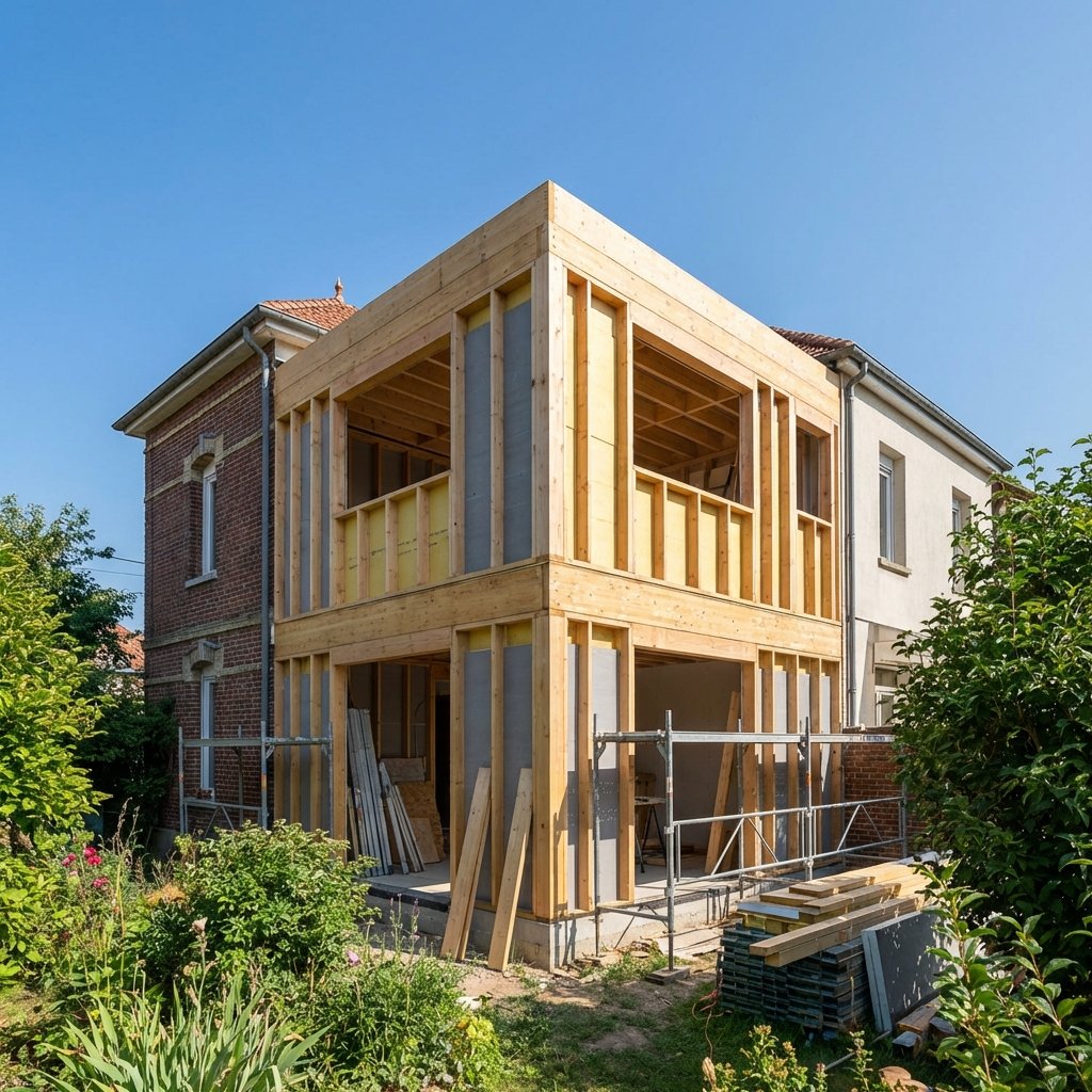Extension maison ossature bois en construction accolée à l'existant