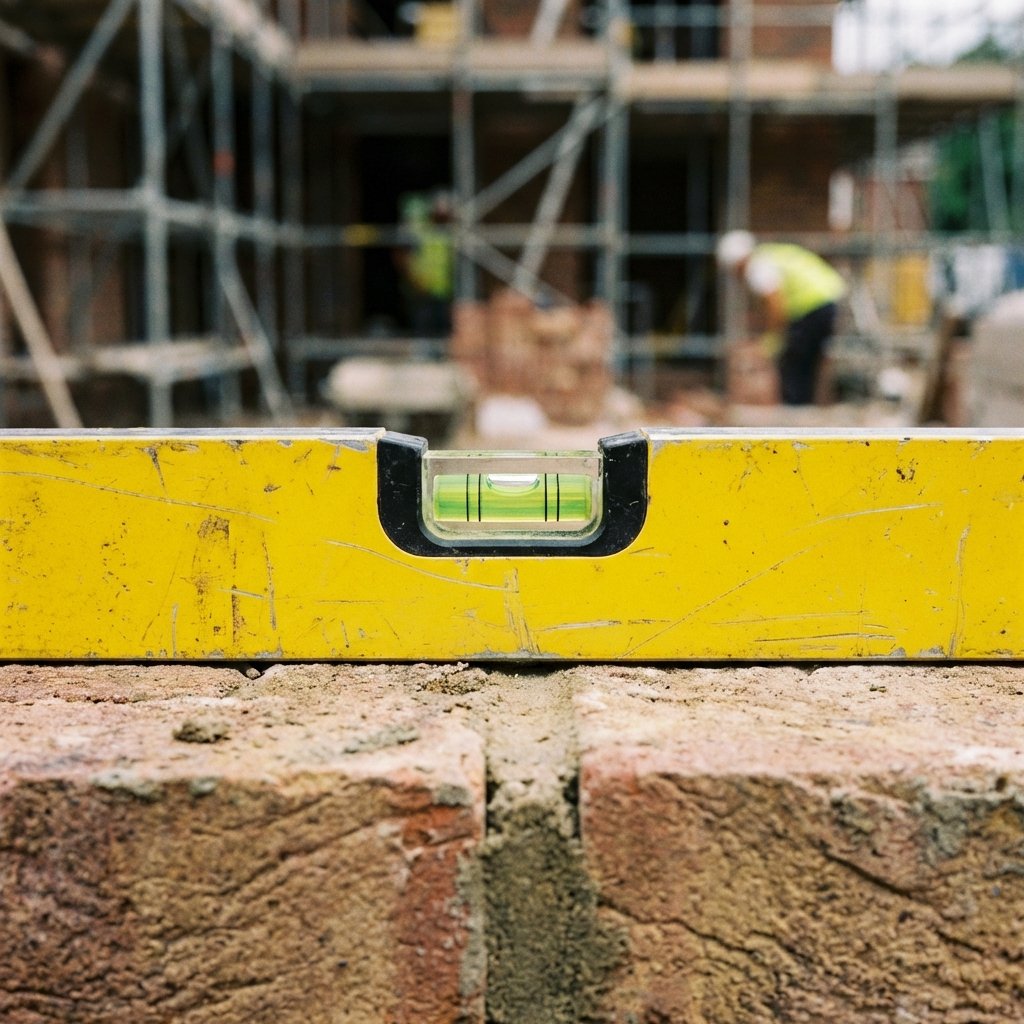 Niveau à bulle jaune posé sur un mur de briques