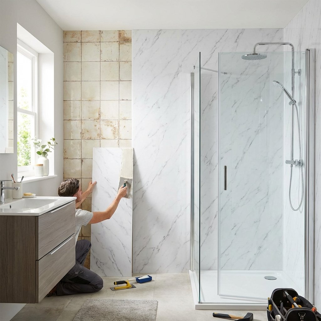 Salle de bain moderne avec panneaux muraux PVC imitation marbre