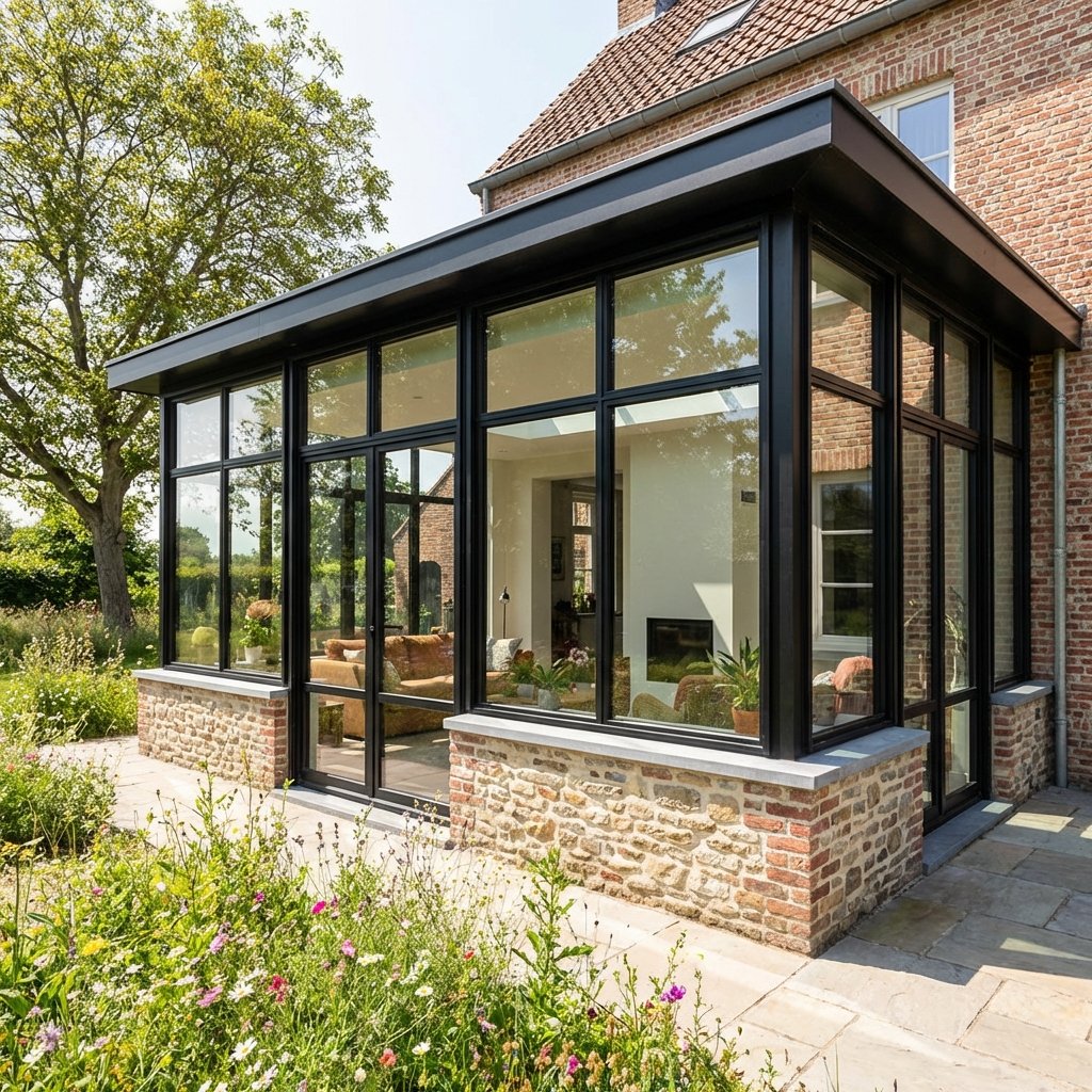 Véranda moderne mixte mur plein et verre